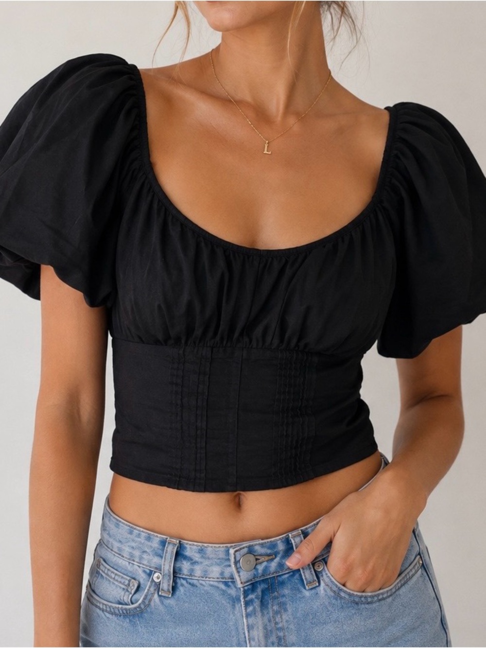 Reformation Black Puff Sleeve Smocked Crop Top Blouse Size 4